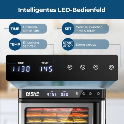Deshidratador de acero inoxidable, 1000 W, deshidratador para frutas y verduras con indicador LED, control preciso de la temperatura (35-75 °C), temporizador de 48 horas, 9 cuencos de acero