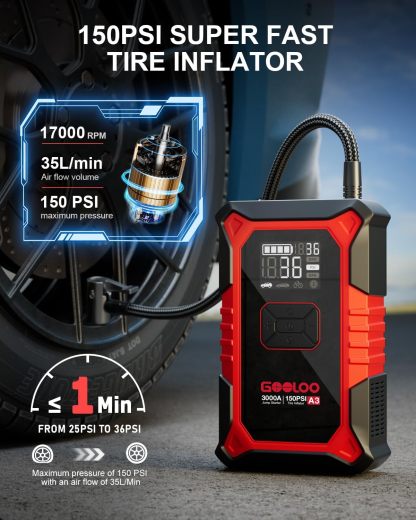Arrancador A3 con compresor de aire, 3000 A portátil de batería de coche (9.0 Gas/6.5 L diesel) con inflador de neumáticos de apagado automático de 150 PSI, caja de salto de litio supersegura