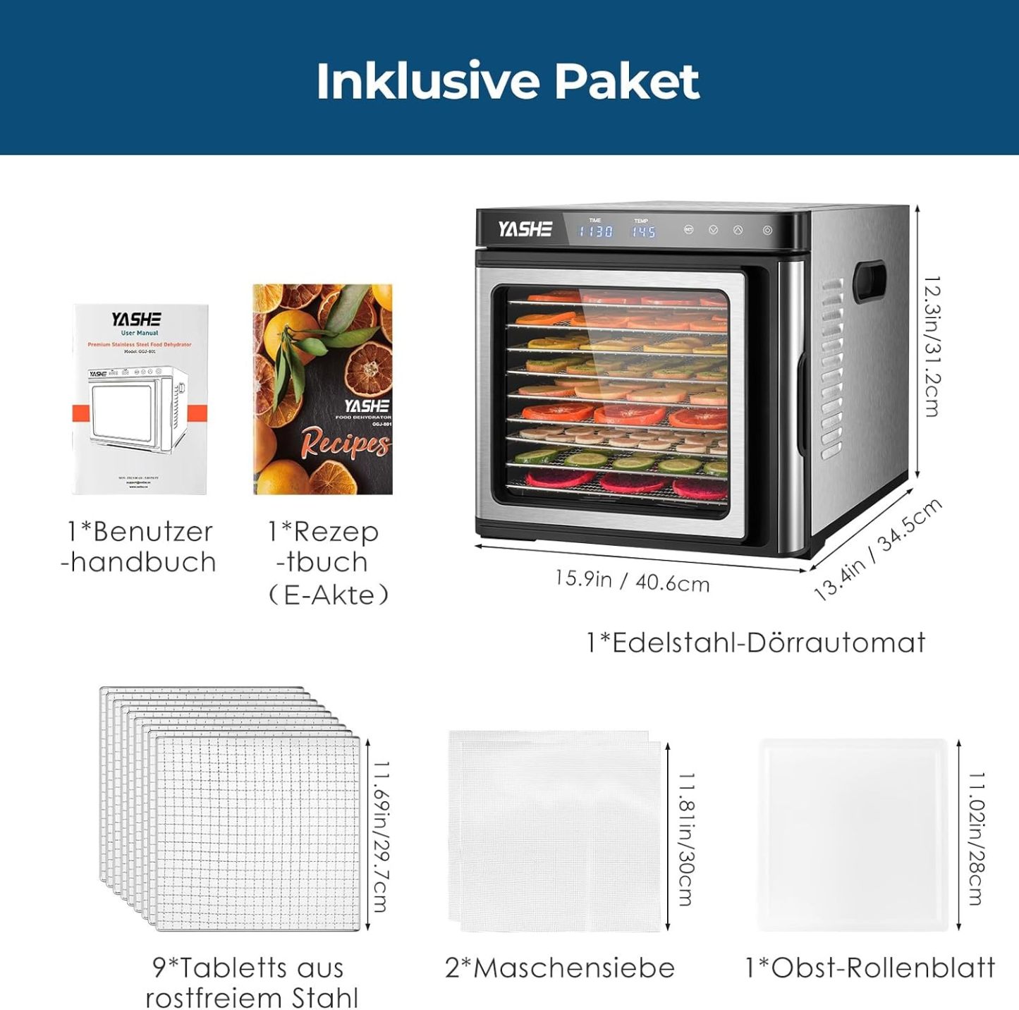 Deshidratador de acero inoxidable, 1000 W, deshidratador para frutas y verduras con indicador LED, control preciso de la temperatura (35-75 °C), temporizador de 48 horas, 9 cuencos de acero