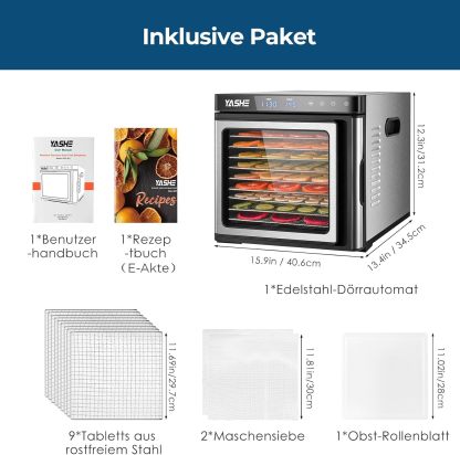 Deshidratador de acero inoxidable, 1000 W, deshidratador para frutas y verduras con indicador LED, control preciso de la temperatura (35-75 °C), temporizador de 48 horas, 9 cuencos de acero