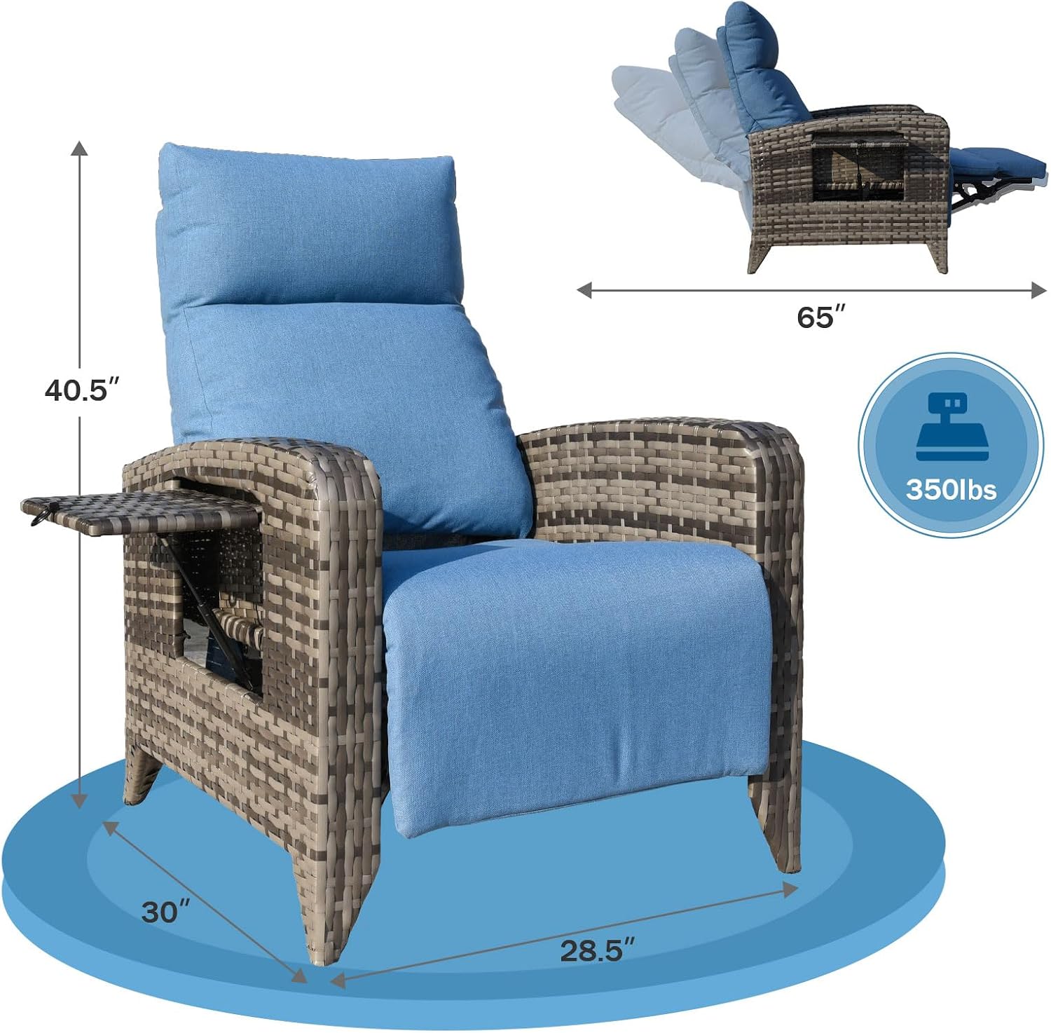 Silla reclinable de exterior mejorada, silla para patio con respaldo ajustable hasta 150° y posición totalmente reclinada