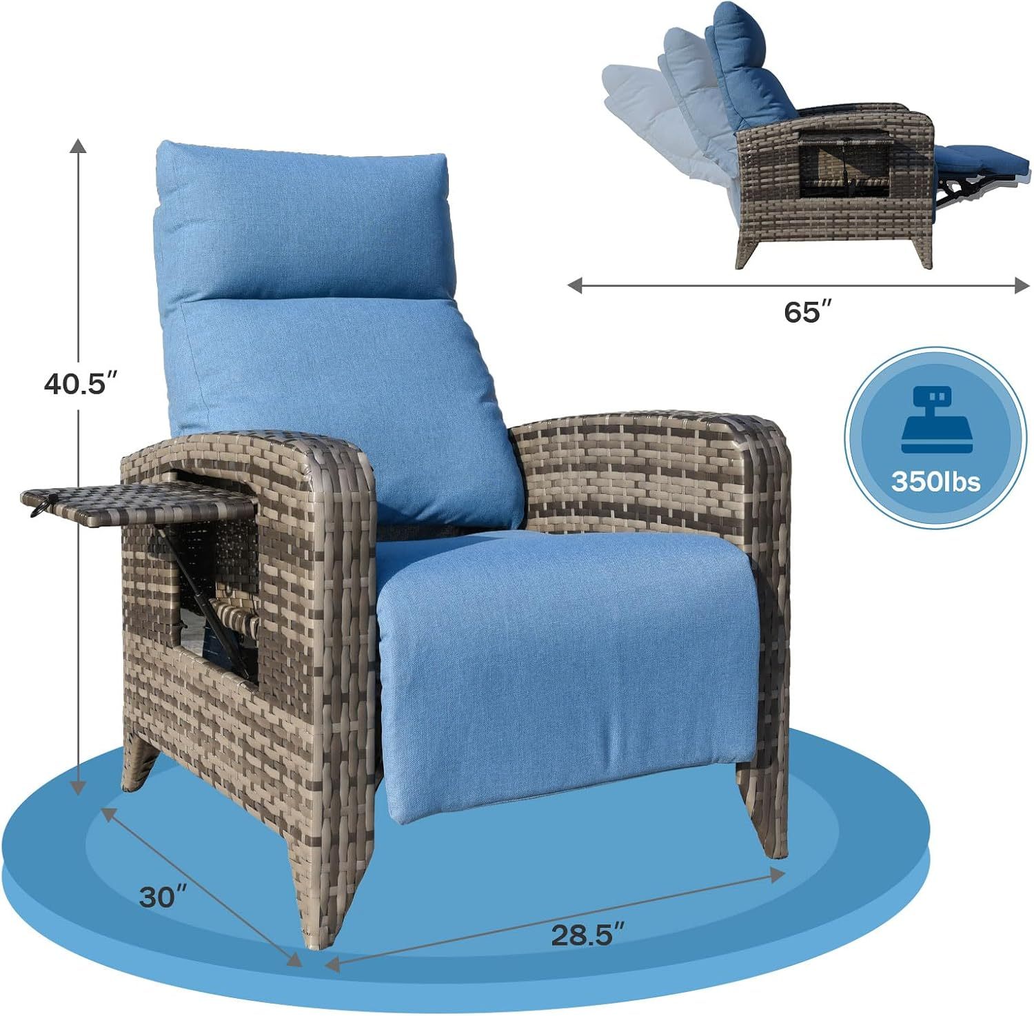 Silla reclinable de exterior mejorada, silla para patio con respaldo ajustable hasta 150° y posición totalmente reclinada
