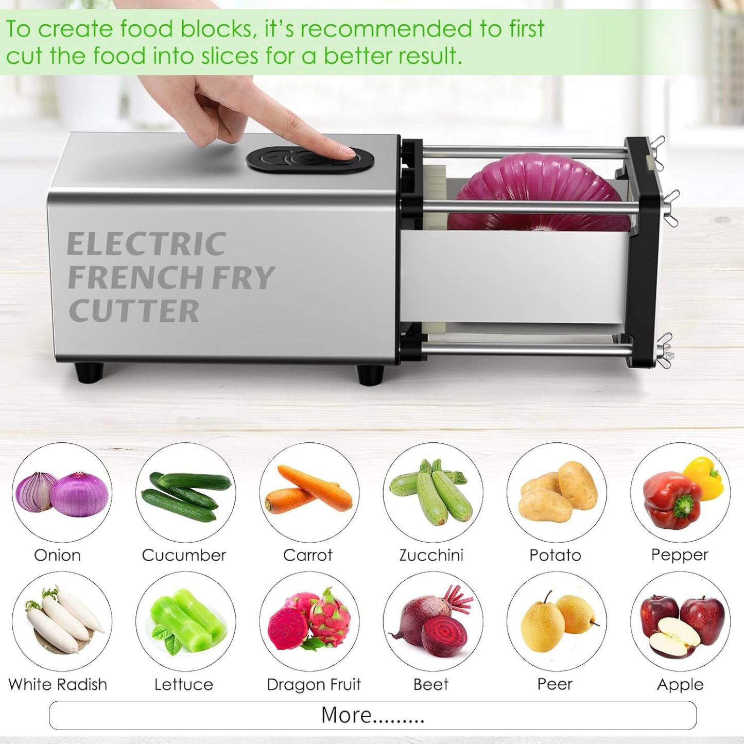 Cortador Eléctrico de papas Fritas con cuchillas de 2 tamaños, Profesional Cortador de papas Fritas con cuchillas de acero inoxidable de 1/2" y 3/8" para Cortar Cebollas, Papas, Pepinos