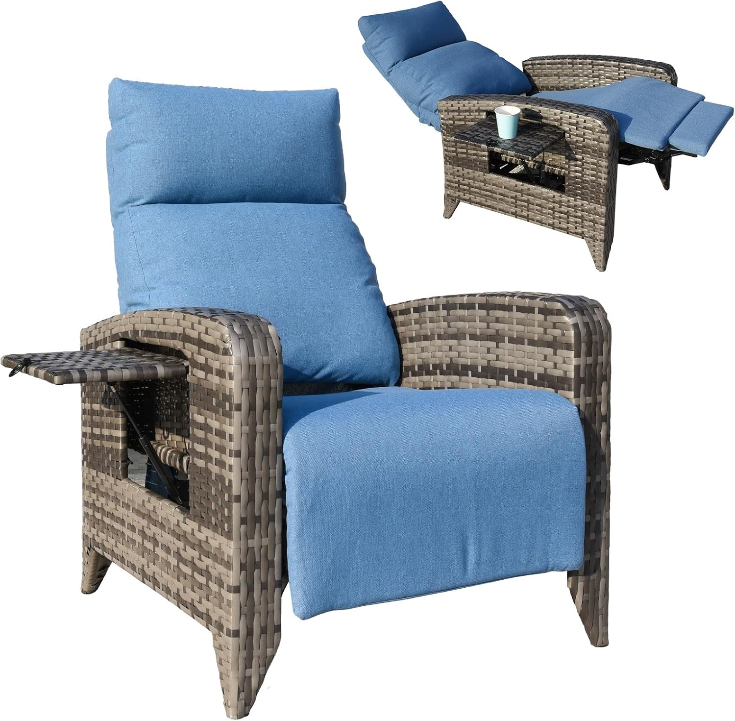 Silla reclinable de exterior mejorada, silla para patio con respaldo ajustable hasta 150° y posición totalmente reclinada
