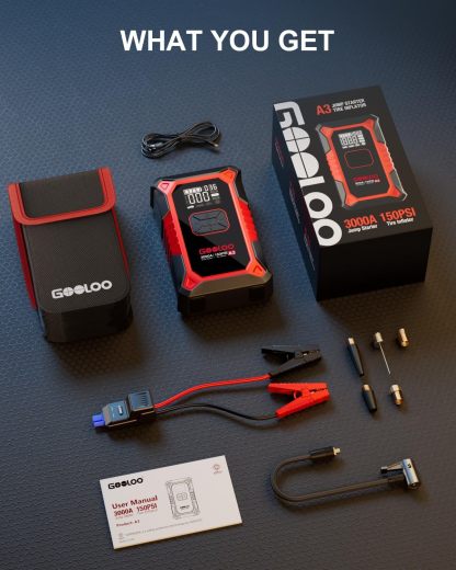 Arrancador A3 con compresor de aire, 3000 A portátil de batería de coche (9.0 Gas/6.5 L diesel) con inflador de neumáticos de apagado automático de 150 PSI, caja de salto de litio supersegura