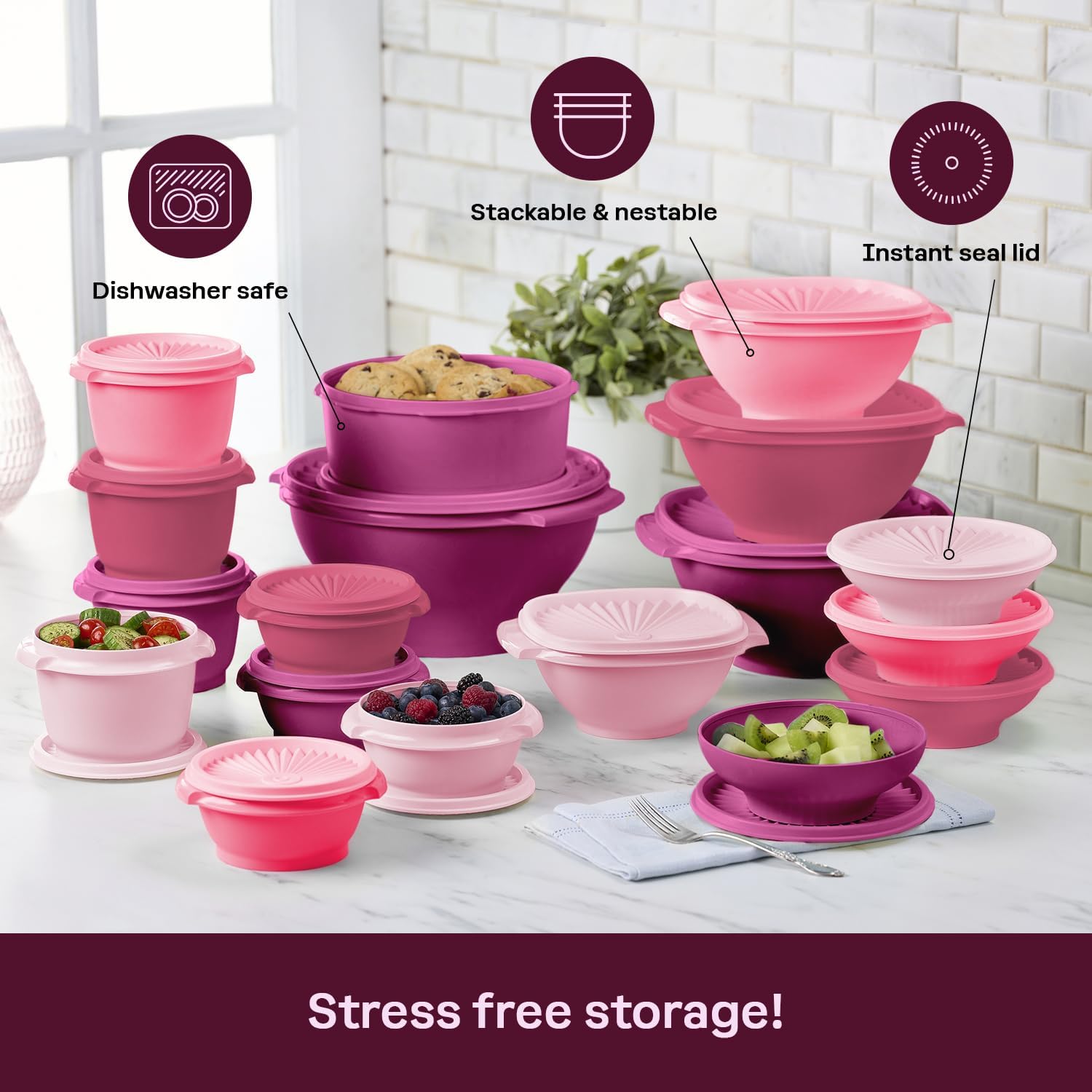 Tupperware Colección Heritage Juego de recipientes de 36 piezas para almacenar alimentos, color rosa vintage, apto para lavavajillas y sin BPA (18 recipientes y 18 tapas)