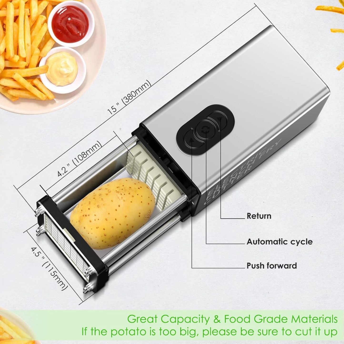 Cortador Eléctrico de papas Fritas con cuchillas de 2 tamaños, Profesional Cortador de papas Fritas con cuchillas de acero inoxidable de 1/2" y 3/8" para Cortar Cebollas, Papas, Pepinos