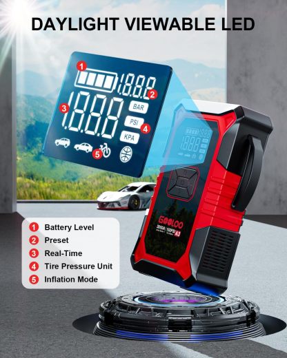 Arrancador A3 con compresor de aire, 3000 A portátil de batería de coche (9.0 Gas/6.5 L diesel) con inflador de neumáticos de apagado automático de 150 PSI, caja de salto de litio supersegura
