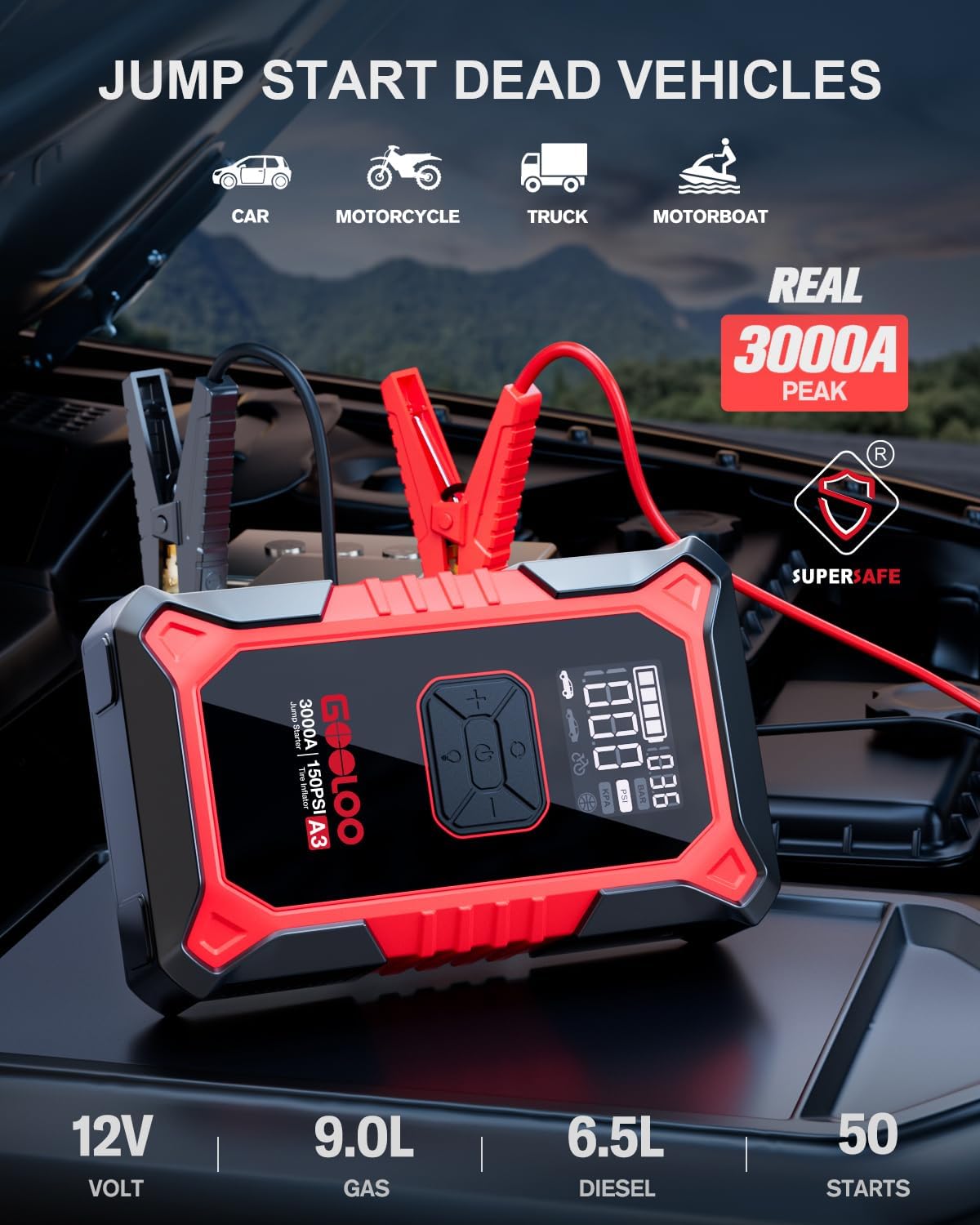 Arrancador A3 con compresor de aire, 3000 A portátil de batería de coche (9.0 Gas/6.5 L diesel) con inflador de neumáticos de apagado automático de 150 PSI, caja de salto de litio supersegura