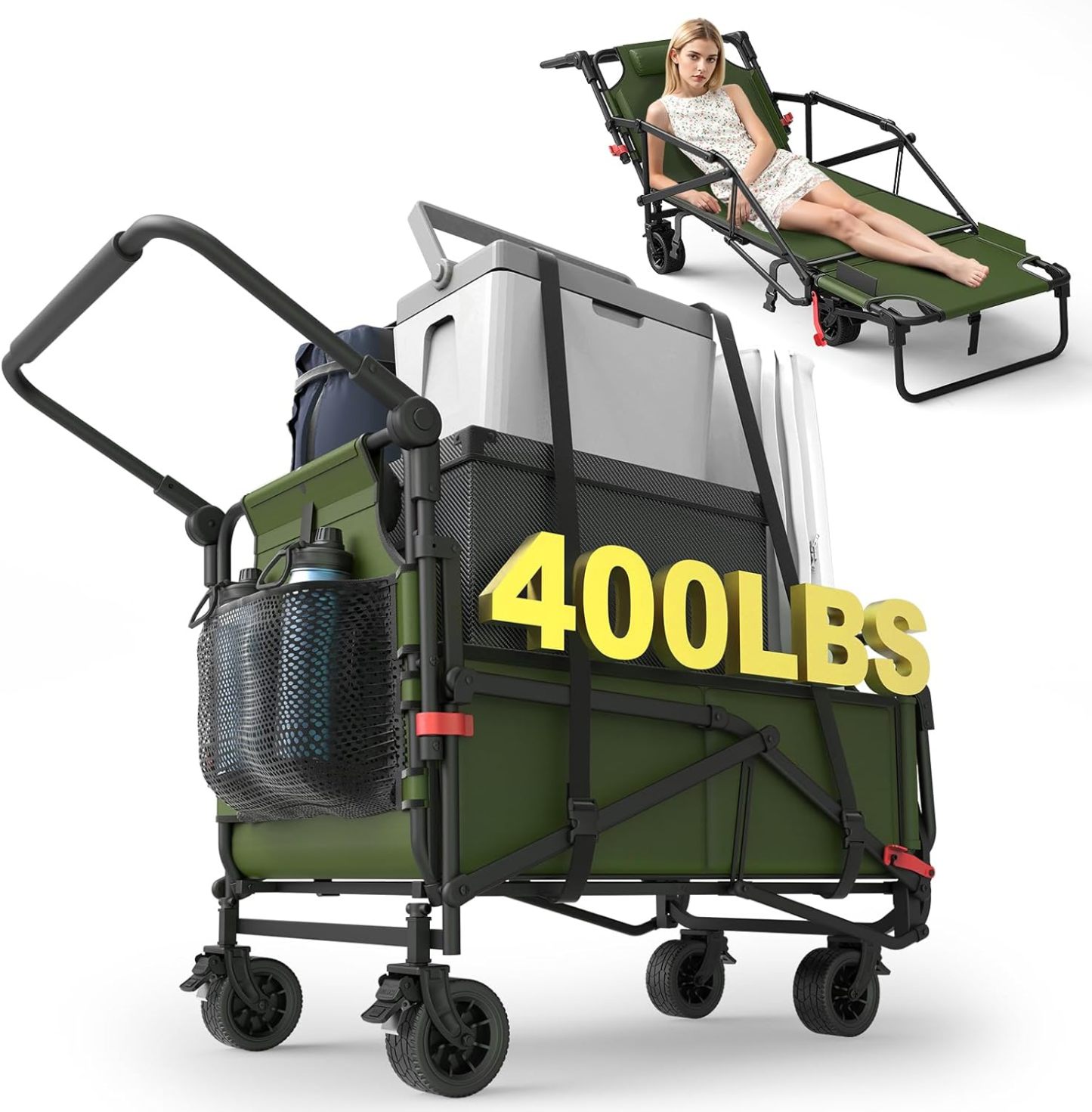 Heavy Duty Folding Wagon - 2-in-1 Collapsible Cart, 650lb Capacity, All-Terrain Wheels w/Brakes & Side Pockets (Army Green)