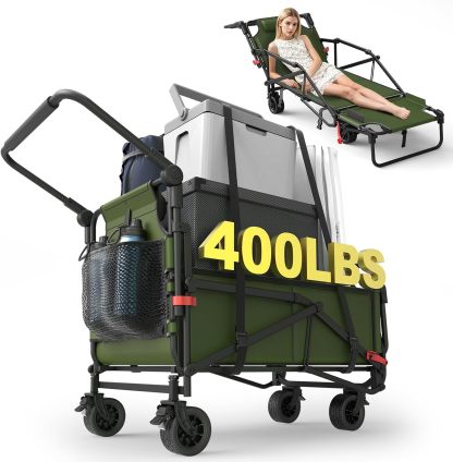 Heavy Duty Folding Wagon - 2-in-1 Collapsible Cart, 650lb Capacity, All-Terrain Wheels w/Brakes & Side Pockets (Army Green)