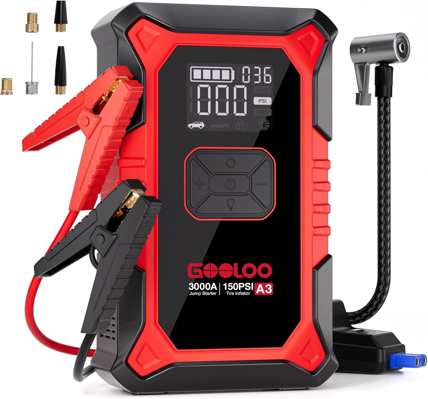 Arrancador A3 con compresor de aire, 3000 A portátil de batería de coche (9.0 Gas/6.5 L diesel) con inflador de neumáticos de apagado automático de 150 PSI, caja de salto de litio supersegura