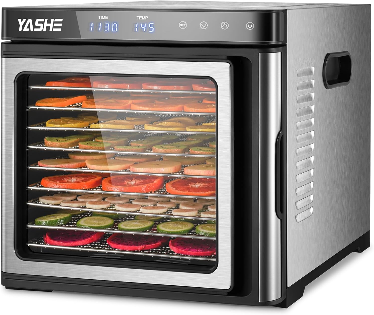Deshidratador de acero inoxidable, 1000 W, deshidratador para frutas y verduras con indicador LED, control preciso de la temperatura (35-75 °C), temporizador de 48 horas, 9 cuencos de acero