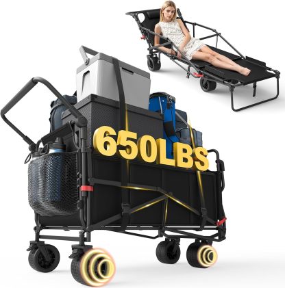 Heavy Duty Folding Wagon - 2-in-1 Collapsible Cart, 650lb Capacity, All-Terrain Wheels w/Brakes & Side Pockets (Army Green)
