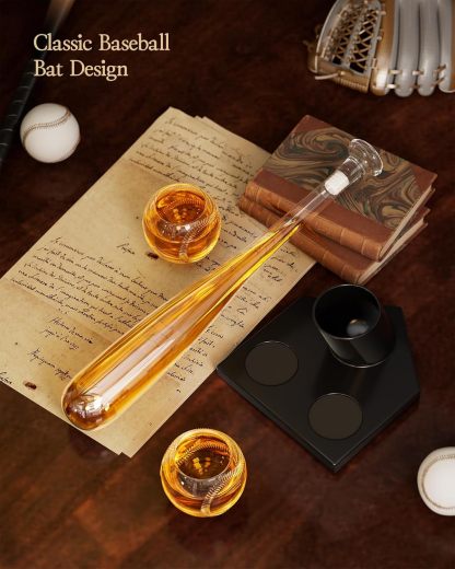 Regalos de béisbol para hombres, juego de decantador de whisky Kollea para hombres, juego de decantador de bate de béisbol de 20 onzas con 2 vasos, regalo único de cumpleaños para papá, él, hermano