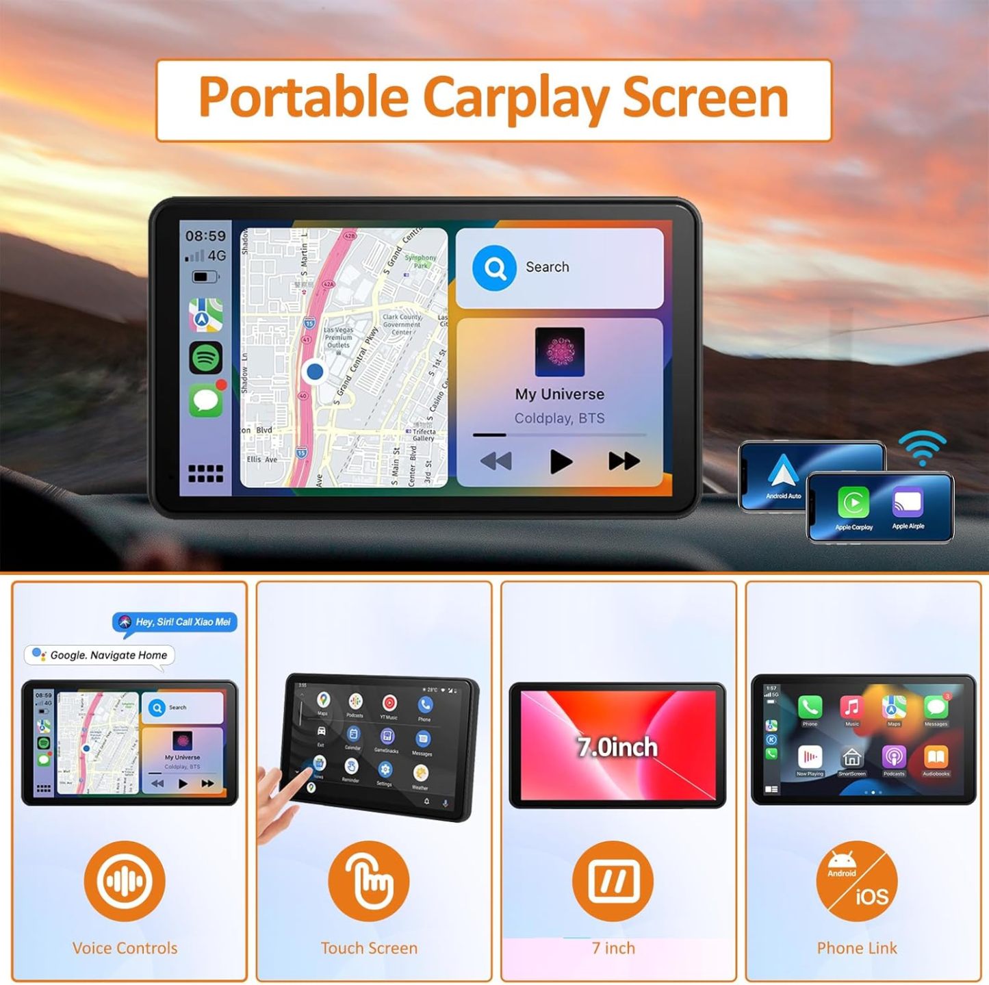 visualización portátil Apple Carplay para coche, estéreo inalámbrico Android automático, fácil de instalar, visualización táctil IPS de 7 pulgadas, adaptador de reproducción de coche, navegación GPS