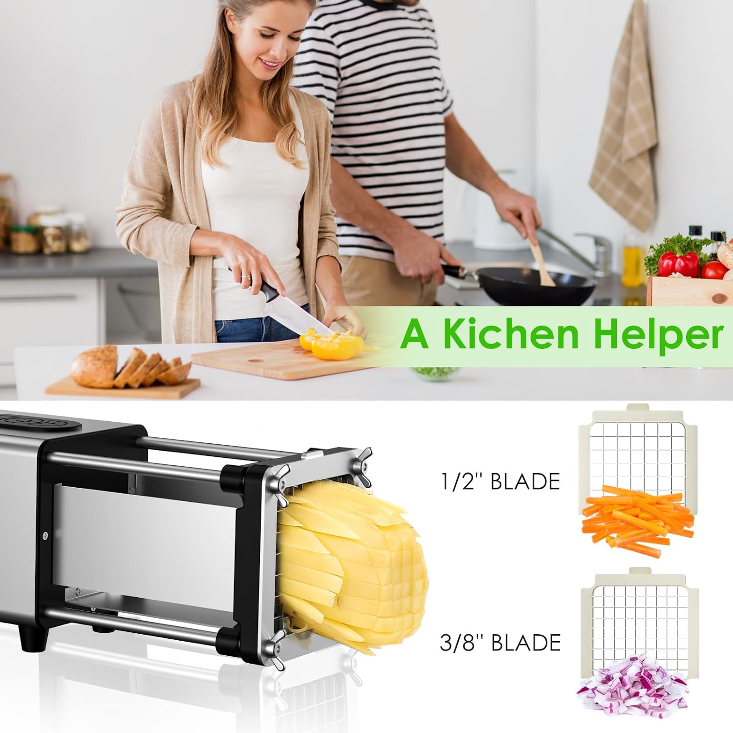 Cortador Eléctrico de papas Fritas con cuchillas de 2 tamaños, Profesional Cortador de papas Fritas con cuchillas de acero inoxidable de 1/2" y 3/8" para Cortar Cebollas, Papas, Pepinos