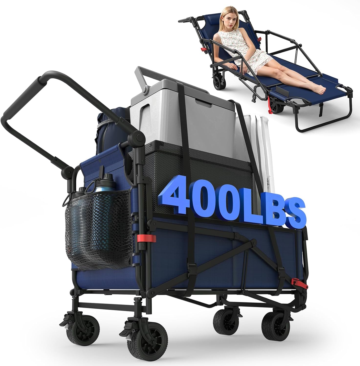 Heavy Duty Folding Wagon - 2-in-1 Collapsible Cart, 650lb Capacity, All-Terrain Wheels w/Brakes & Side Pockets (Army Green)