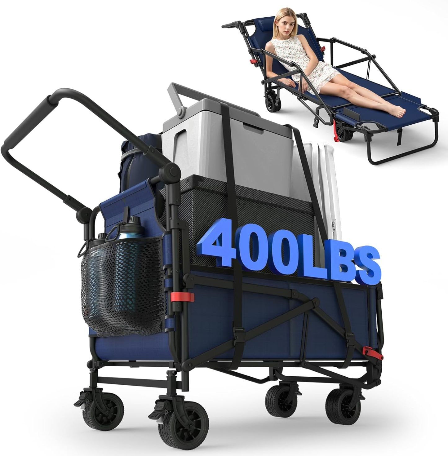 Heavy Duty Folding Wagon - 2-in-1 Collapsible Cart, 650lb Capacity, All-Terrain Wheels w/Brakes & Side Pockets (Army Green)