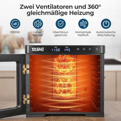 Deshidratador de acero inoxidable, 1000 W, deshidratador para frutas y verduras con indicador LED, control preciso de la temperatura (35-75 °C), temporizador de 48 horas, 9 cuencos de acero