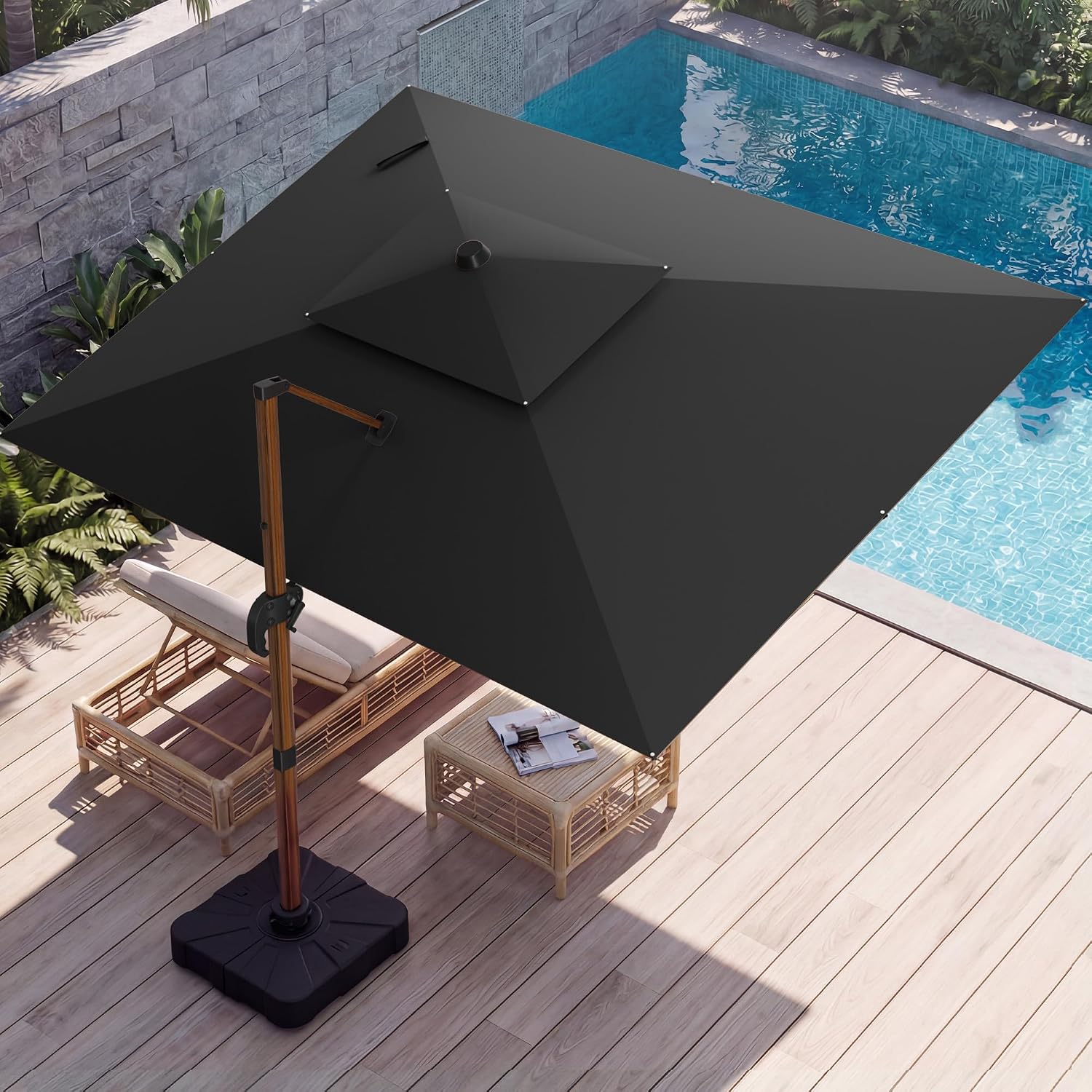 Sombrilla de Patio FT con Diseño de Madera, Grande y Deluxe, Cantilever Rectangular de Doble Techo, Resistente, con Rotación de 360°