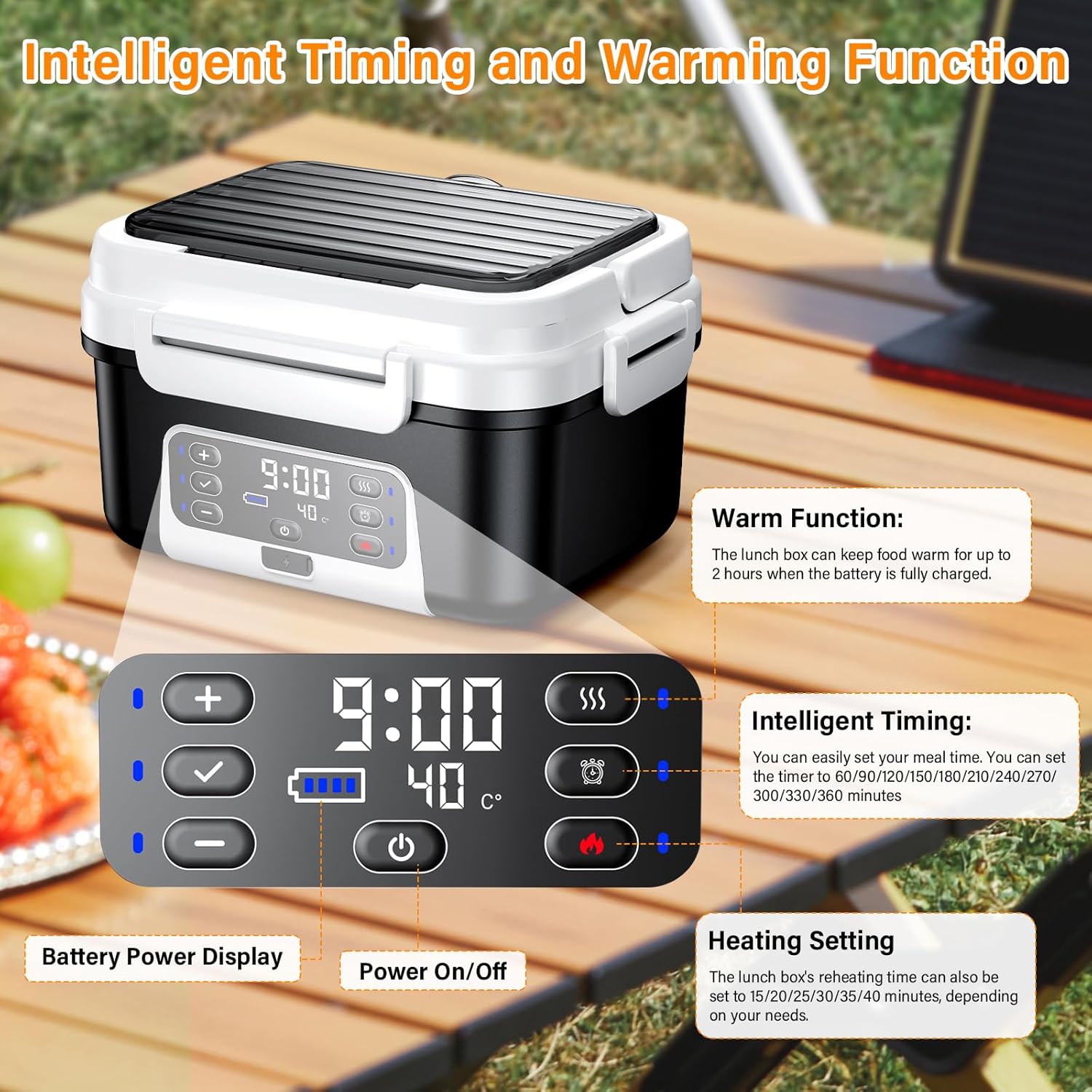 Fiambrera Eléctrica Inalámbrica, Taper Electrico para Comida con Calentamiento Programado, Para Oficina, Obra, Cámping, Coche, Lunch Box Adultos de 1,5 L| Fiambreras Comida Trabajo con batería
