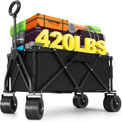 Heavy Duty Folding Wagon - 2-in-1 Collapsible Cart, 650lb Capacity, All-Terrain Wheels w/Brakes & Side Pockets (Army Green)