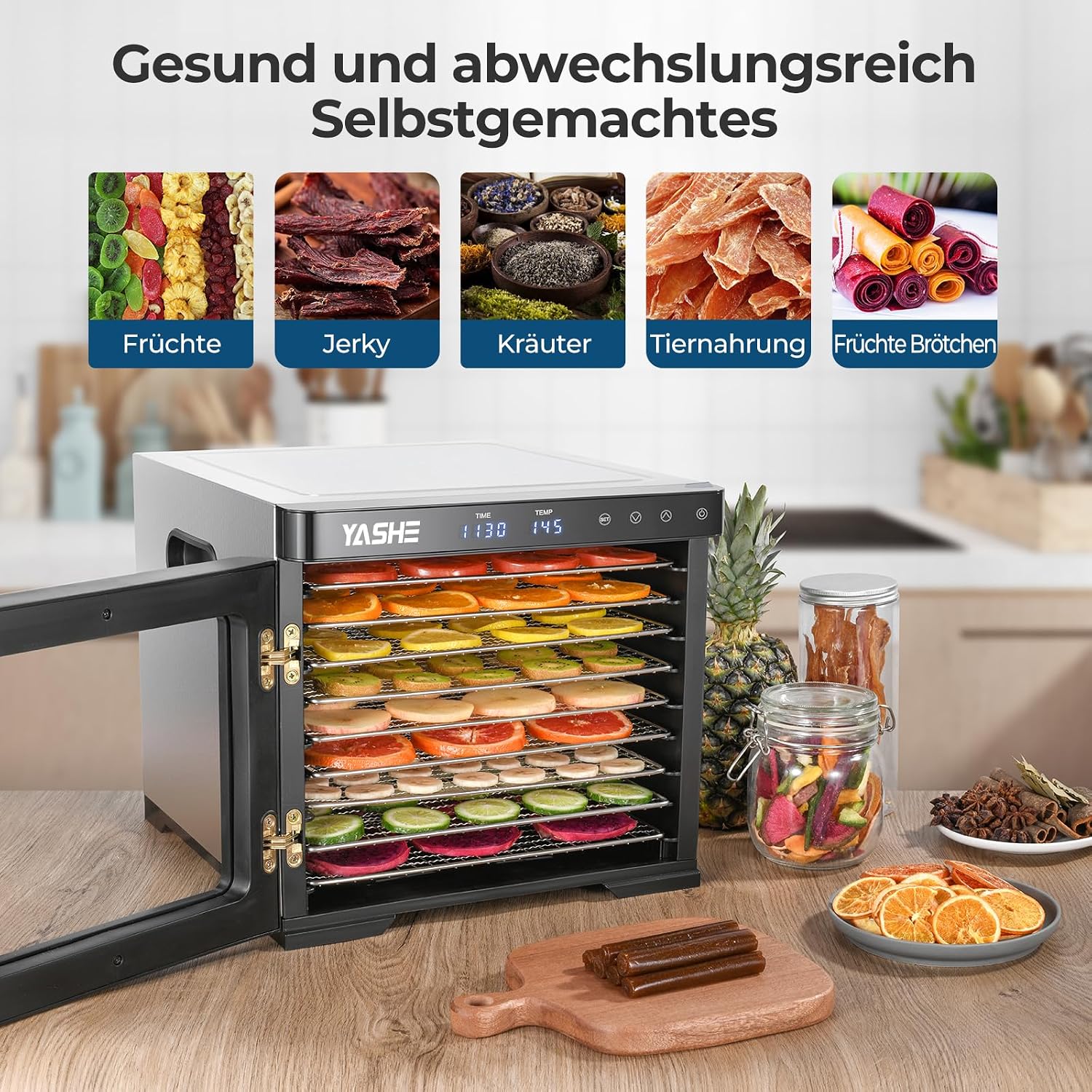 Deshidratador de acero inoxidable, 1000 W, deshidratador para frutas y verduras con indicador LED, control preciso de la temperatura (35-75 °C), temporizador de 48 horas, 9 cuencos de acero