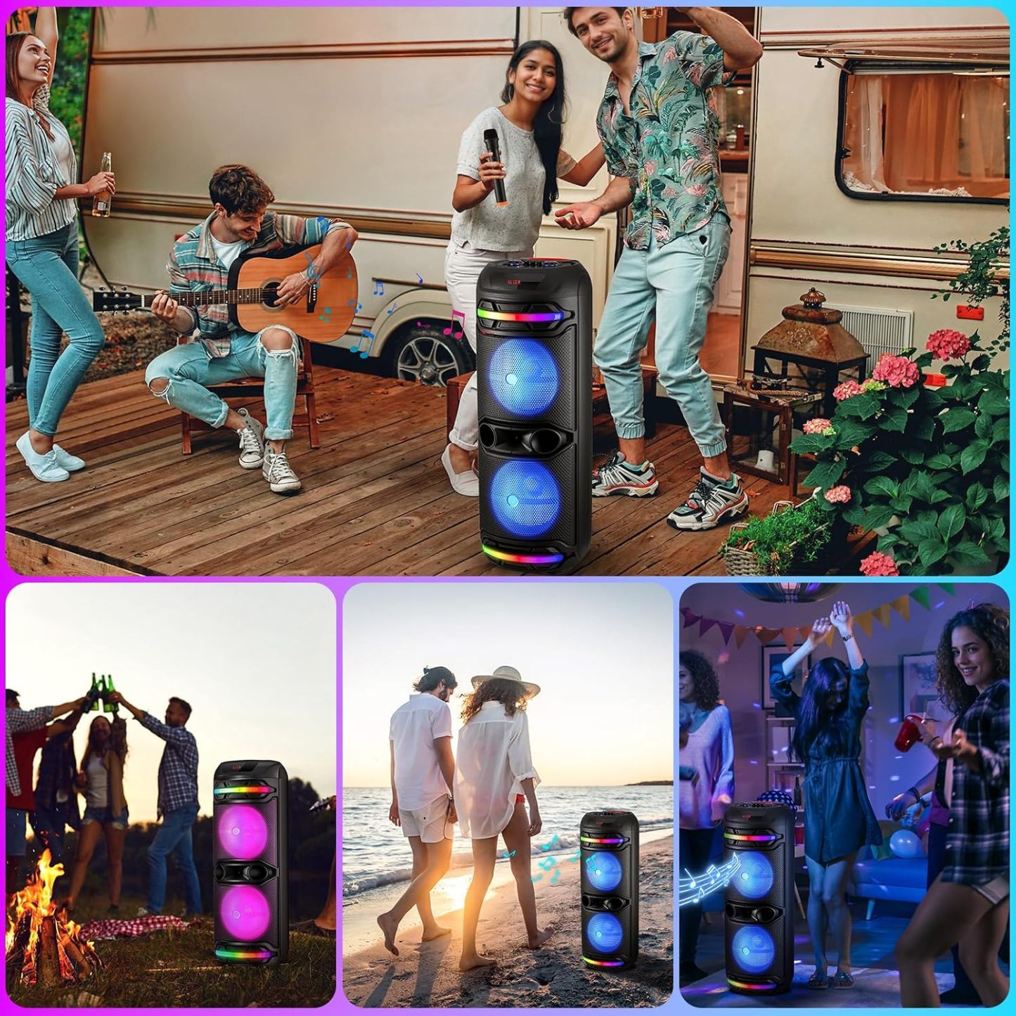 Altavoz Bluetooth inalámbrico para fiestas con doble bocina de 12", micrófono y luces RGB | Sistema de sonido portátil recargable de 80 W con función karaoke, USB/TF/AUX/FM, emparejamiento TWS y graves potentes.