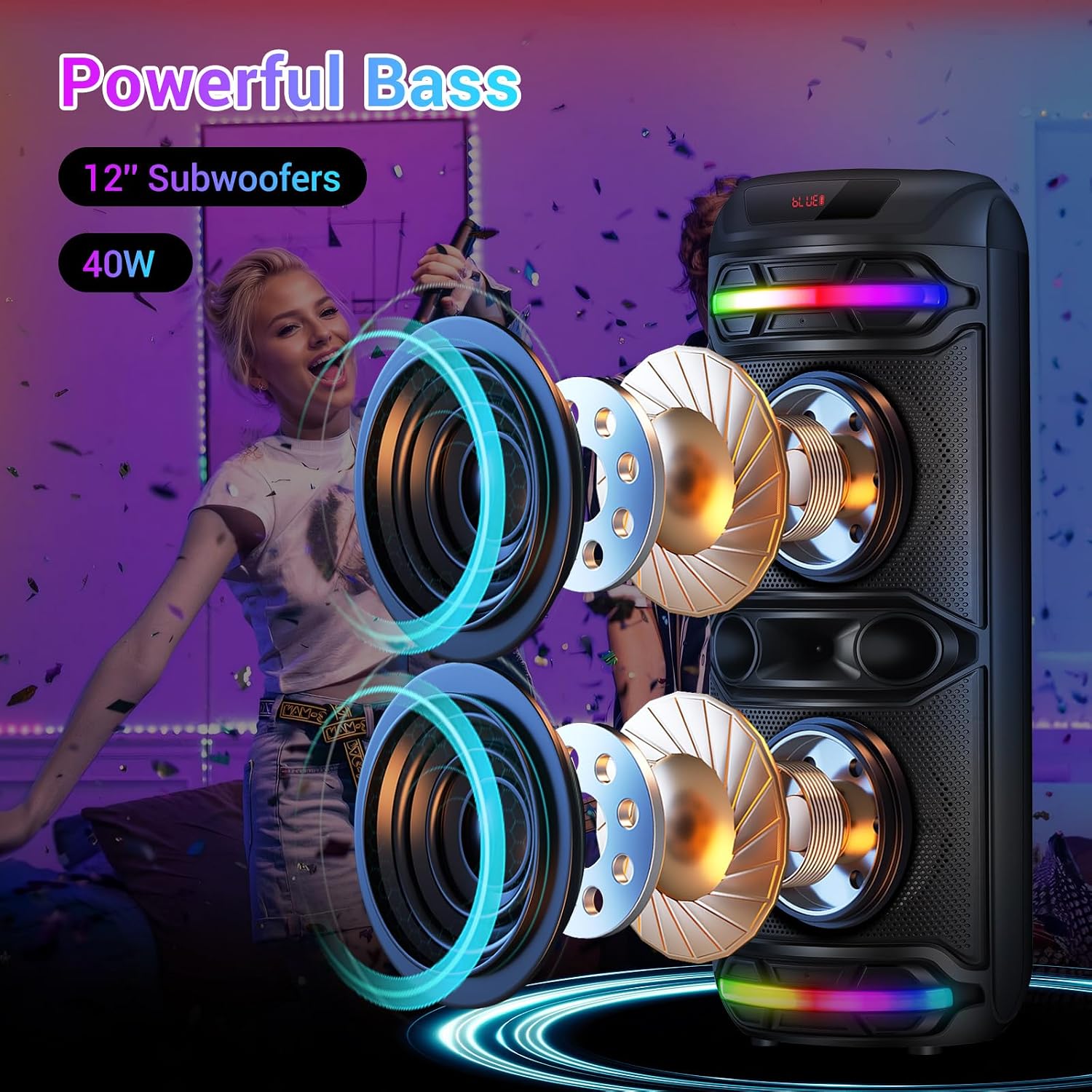 Altavoz Bluetooth inalámbrico para fiestas con doble bocina de 12", micrófono y luces RGB | Sistema de sonido portátil recargable de 80 W con función karaoke, USB/TF/AUX/FM, emparejamiento TWS y graves potentes.