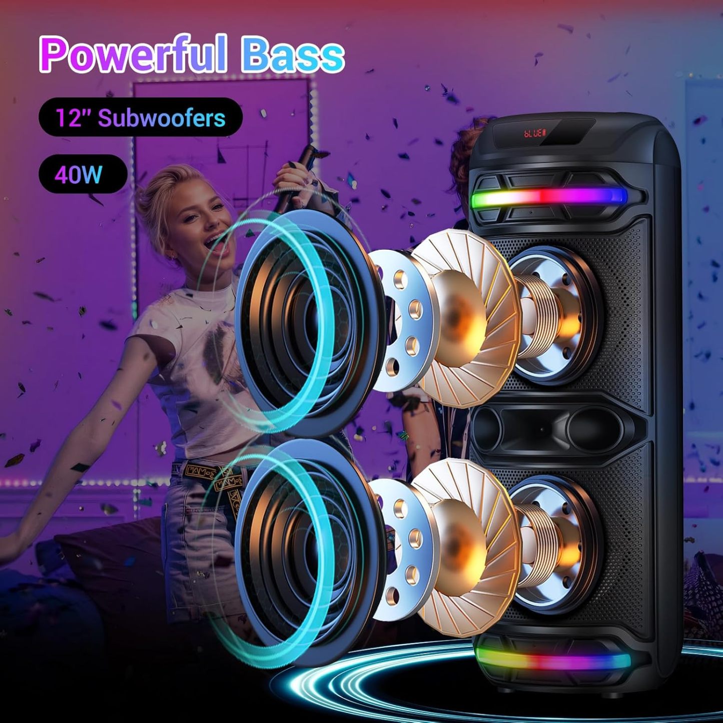 Altavoz Bluetooth inalámbrico para fiestas con doble bocina de 12", micrófono y luces RGB | Sistema de sonido portátil recargable de 80 W con función karaoke, USB/TF/AUX/FM, emparejamiento TWS y graves potentes.