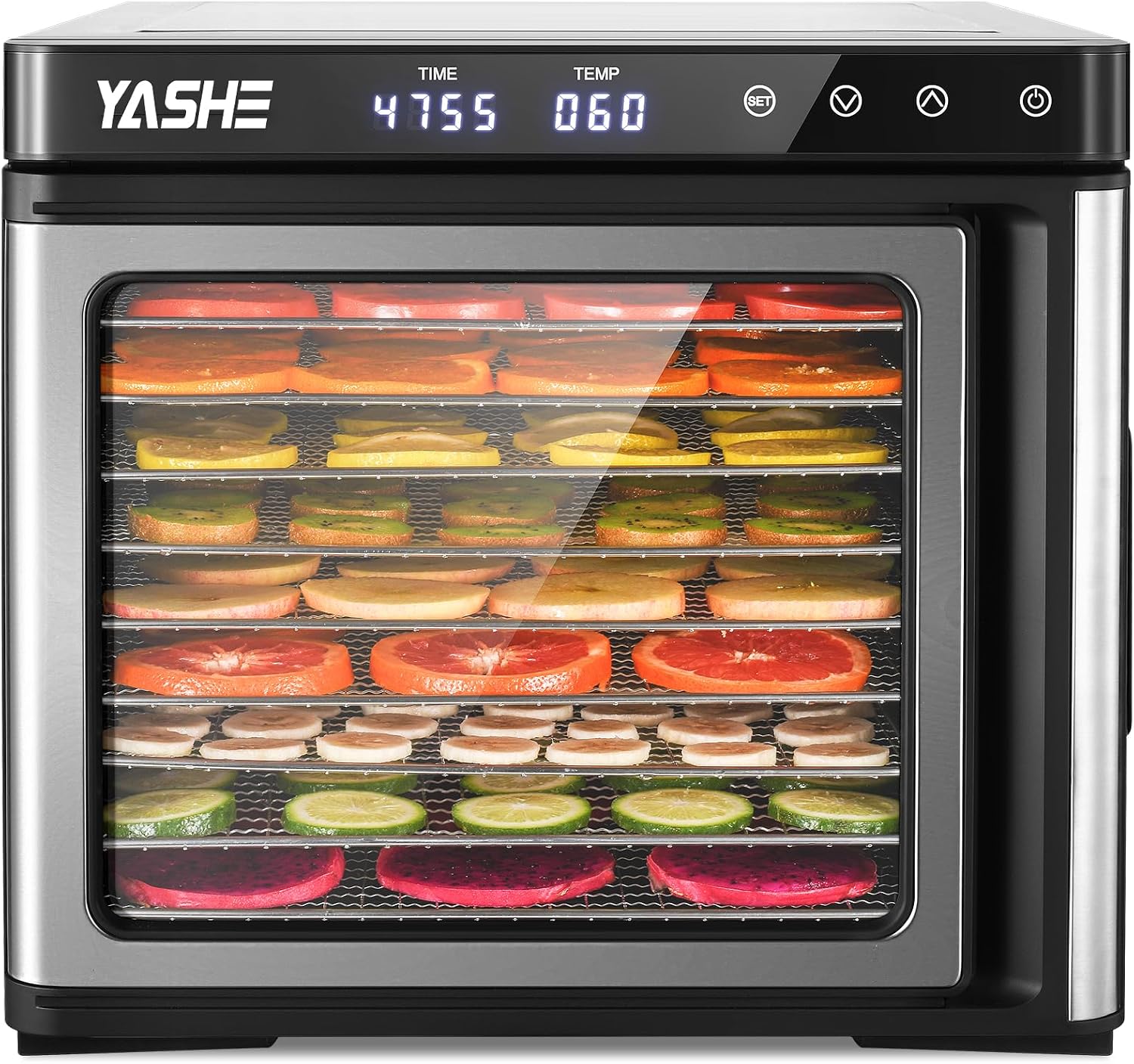 Deshidratador de acero inoxidable, 1000 W, deshidratador para frutas y verduras con indicador LED, control preciso de la temperatura (35-75 °C), temporizador de 48 horas, 9 cuencos de acero