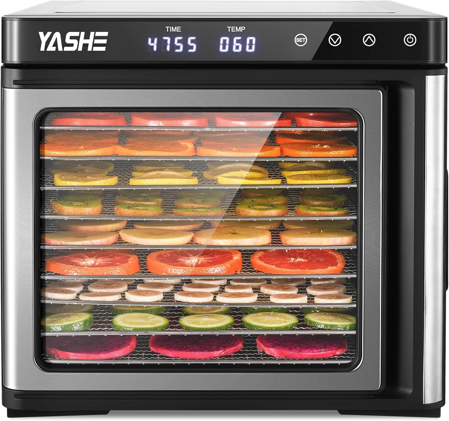 Deshidratador de acero inoxidable, 1000 W, deshidratador para frutas y verduras con indicador LED, control preciso de la temperatura (35-75 °C), temporizador de 48 horas, 9 cuencos de acero