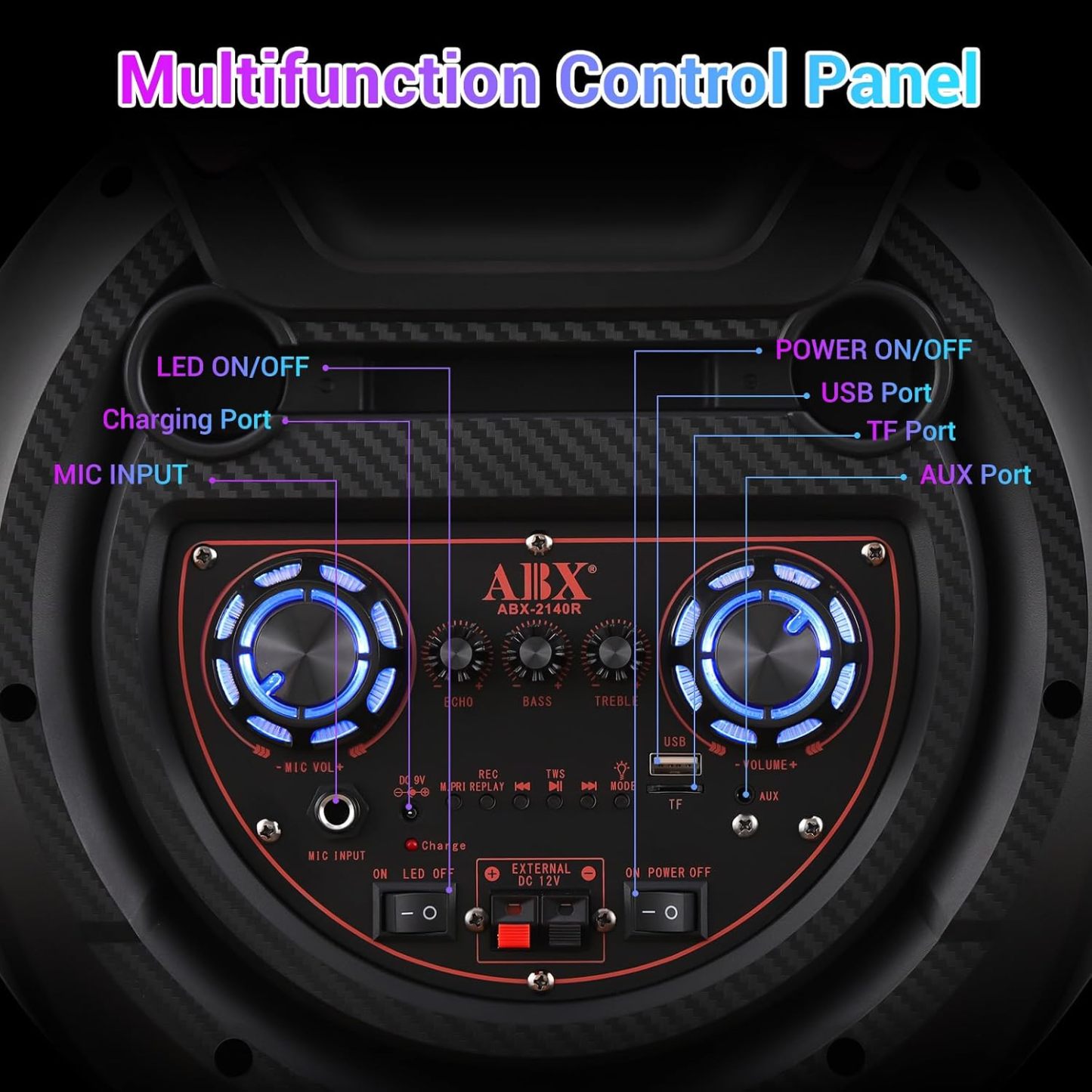 Altavoz Bluetooth inalámbrico para fiestas con doble bocina de 12", micrófono y luces RGB | Sistema de sonido portátil recargable de 80 W con función karaoke, USB/TF/AUX/FM, emparejamiento TWS y graves potentes.