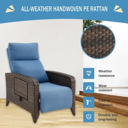 Silla reclinable de exterior mejorada, silla para patio con respaldo ajustable hasta 150° y posición totalmente reclinada