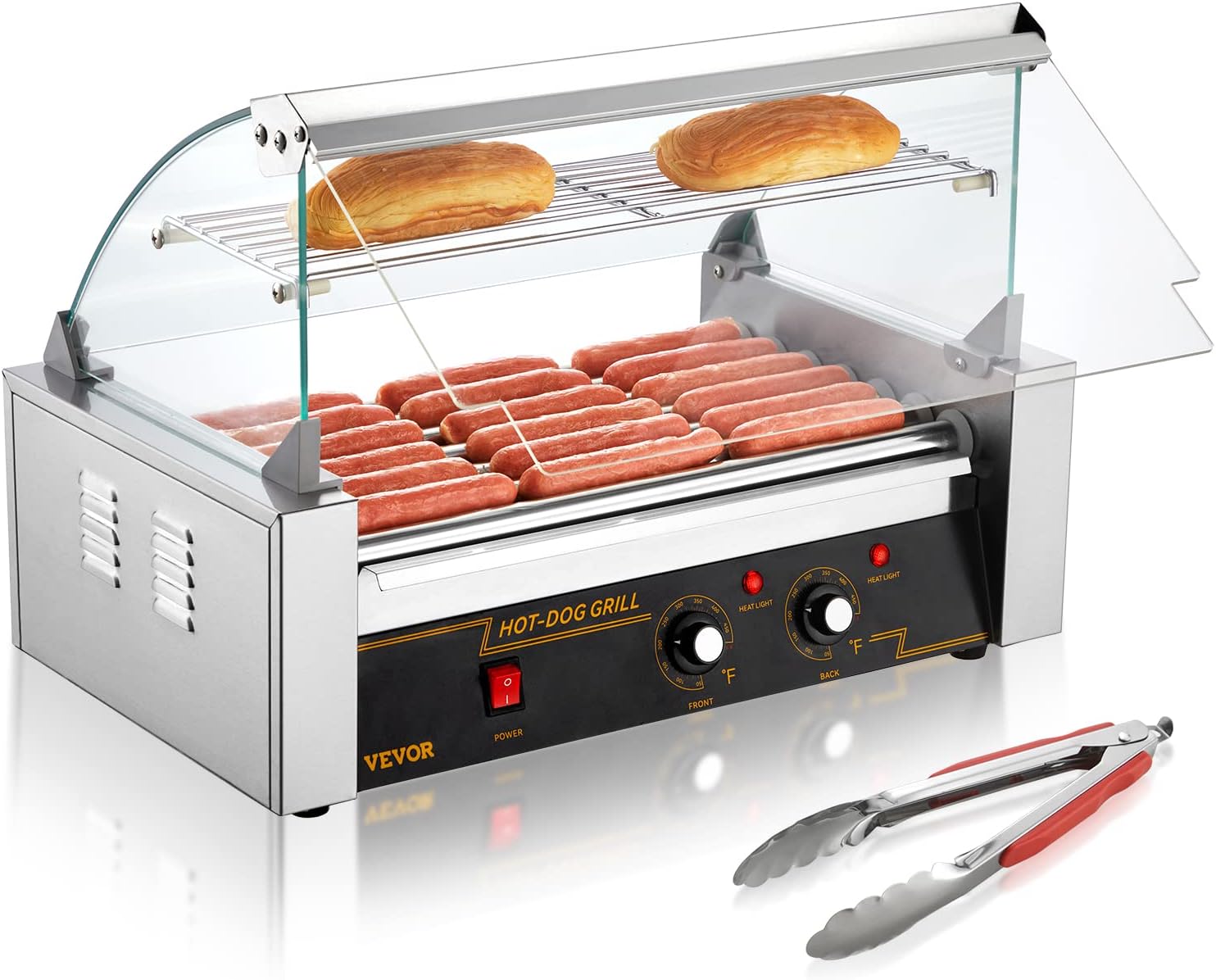 Hot Dog Roller 7 rodillos Capacidad para 18 perritos calientes 1050 W Parrilla para salchichas de acero inoxidable con control de temperatura doble Campana de cristal