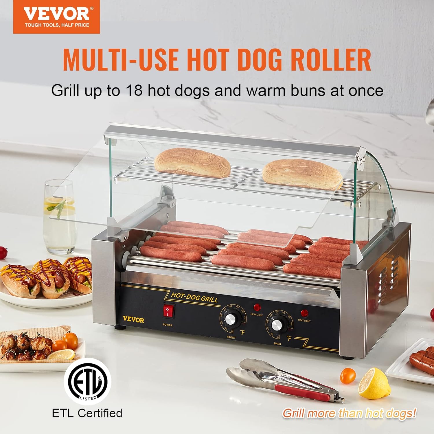 Hot Dog Roller 7 rodillos Capacidad para 18 perritos calientes 1050 W Parrilla para salchichas de acero inoxidable con control de temperatura doble Campana de cristal