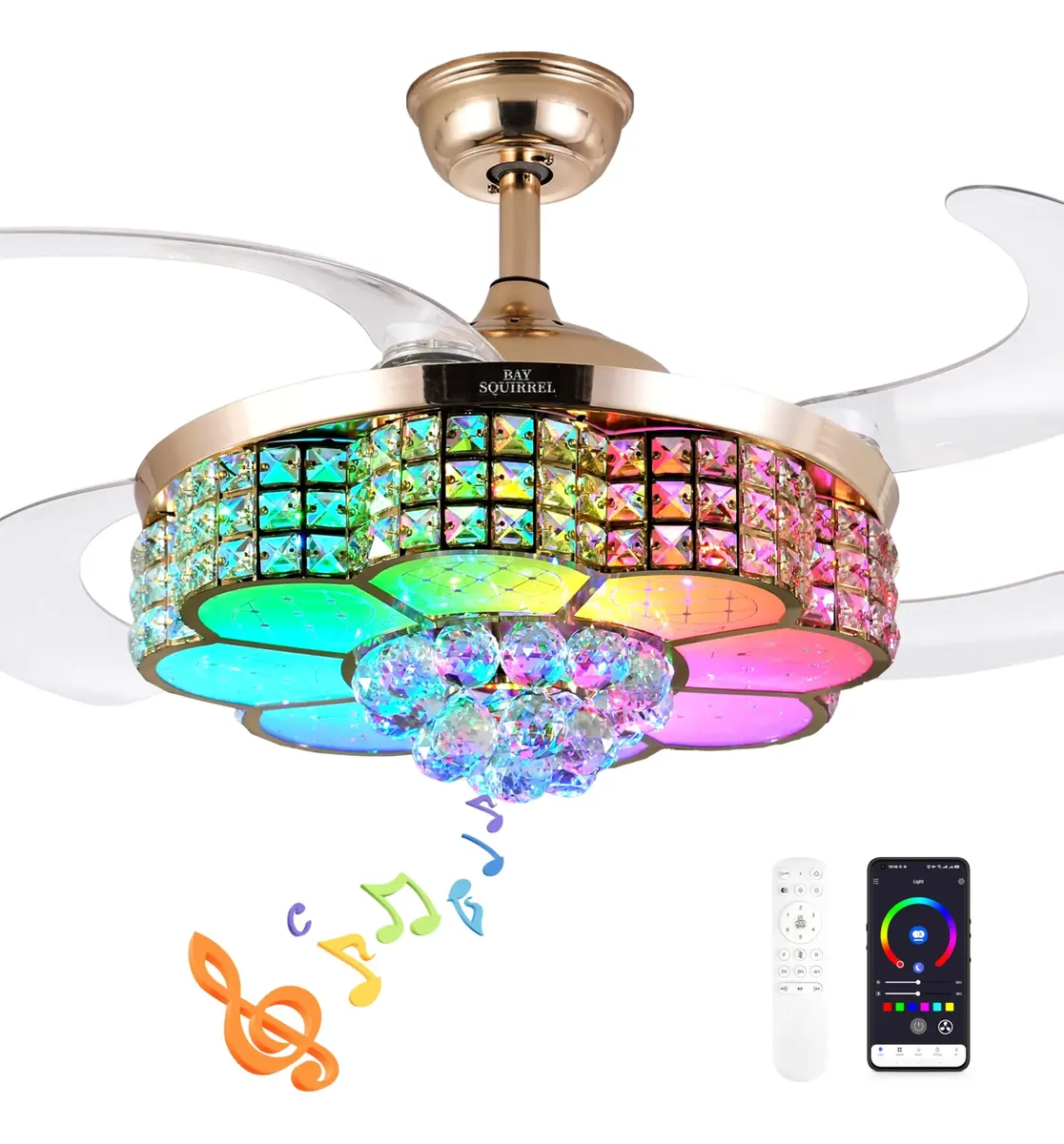 Ventilador de techo retráctil con luz y control remoto/APP, ventiladores de techo Bluetooth con altavoz, luz LED RGB de 6 velocidades, cuchillas reversibles, ventilador de techo de cristal