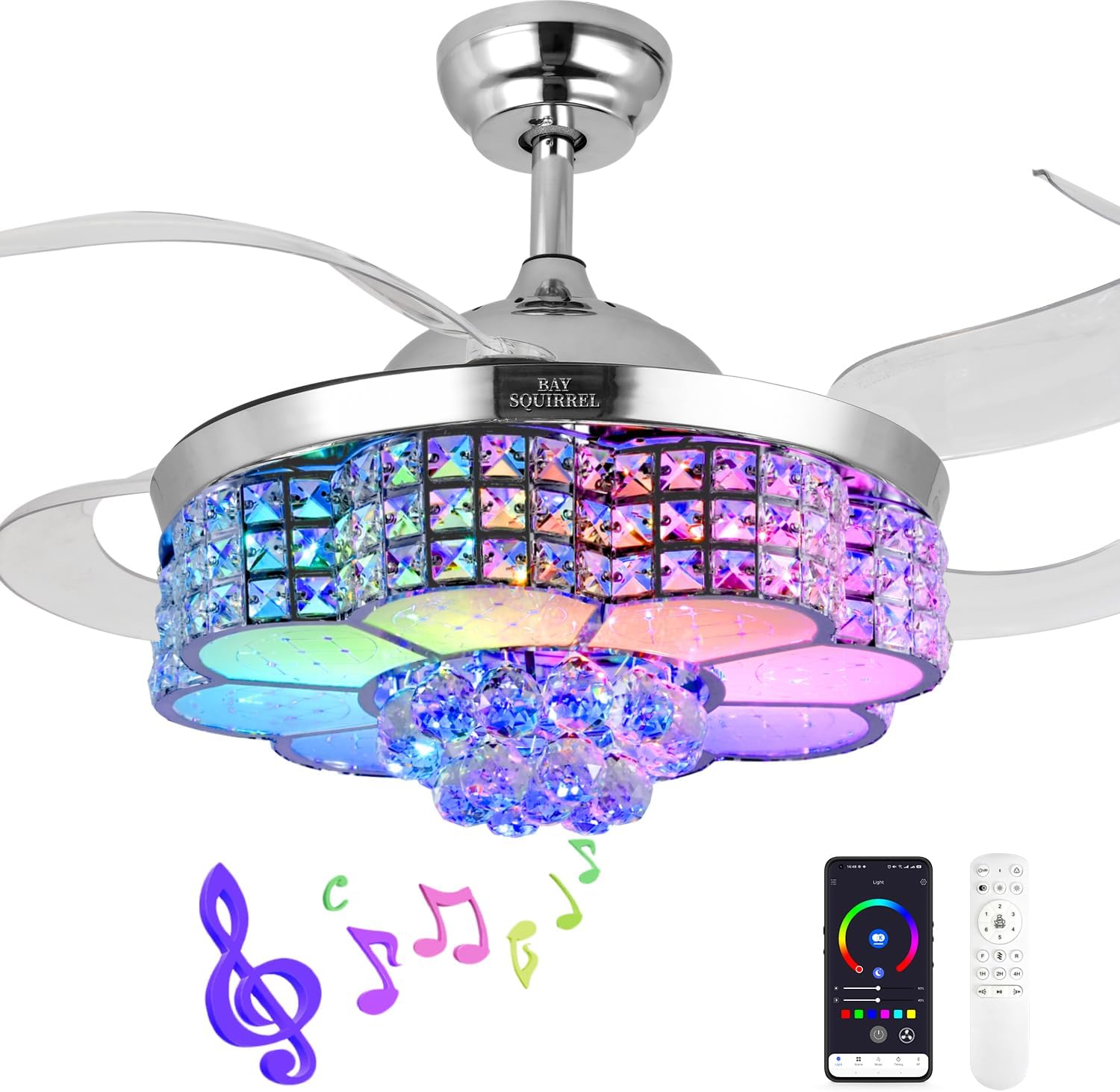 Ventilador de techo retráctil con luz y control remoto/APP, ventiladores de techo Bluetooth con altavoz, luz LED RGB de 6 velocidades, cuchillas reversibles, ventilador de techo de cristal