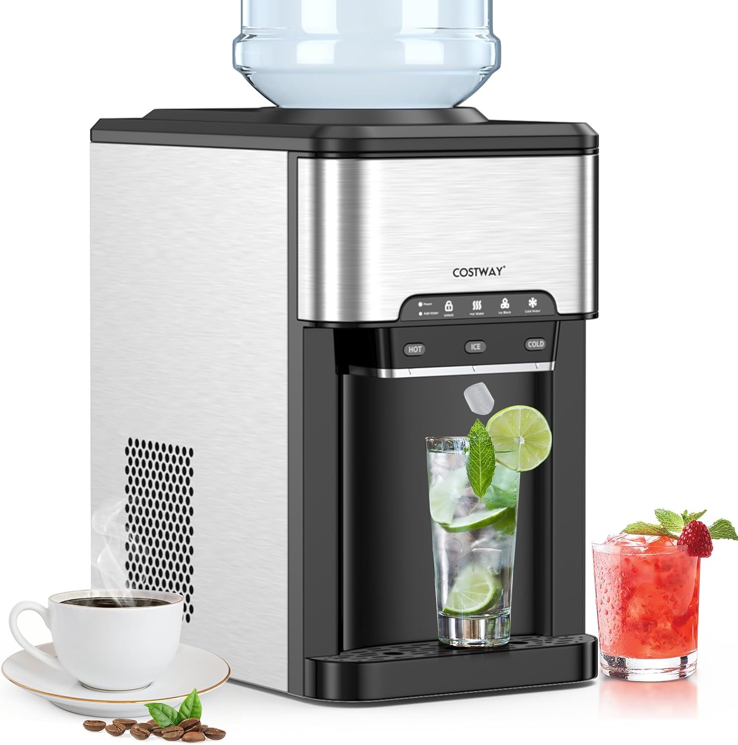 Dispensador de agua con máquina de hielo, 3 en 1, dispensador de agua fría/caliente con máquina de hielo, 2 formas de añadir agua, cerradura de seguridad para niños, 12 cubos, enfriador de
