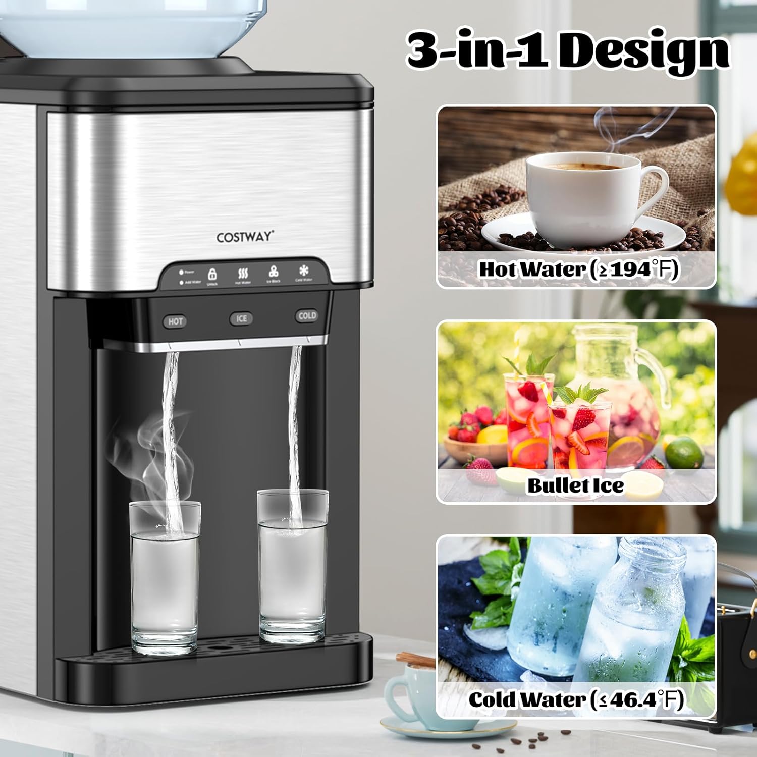 Dispensador de agua con máquina de hielo, 3 en 1, dispensador de agua fría/caliente con máquina de hielo, 2 formas de añadir agua, cerradura de seguridad para niños, 12 cubos, enfriador de