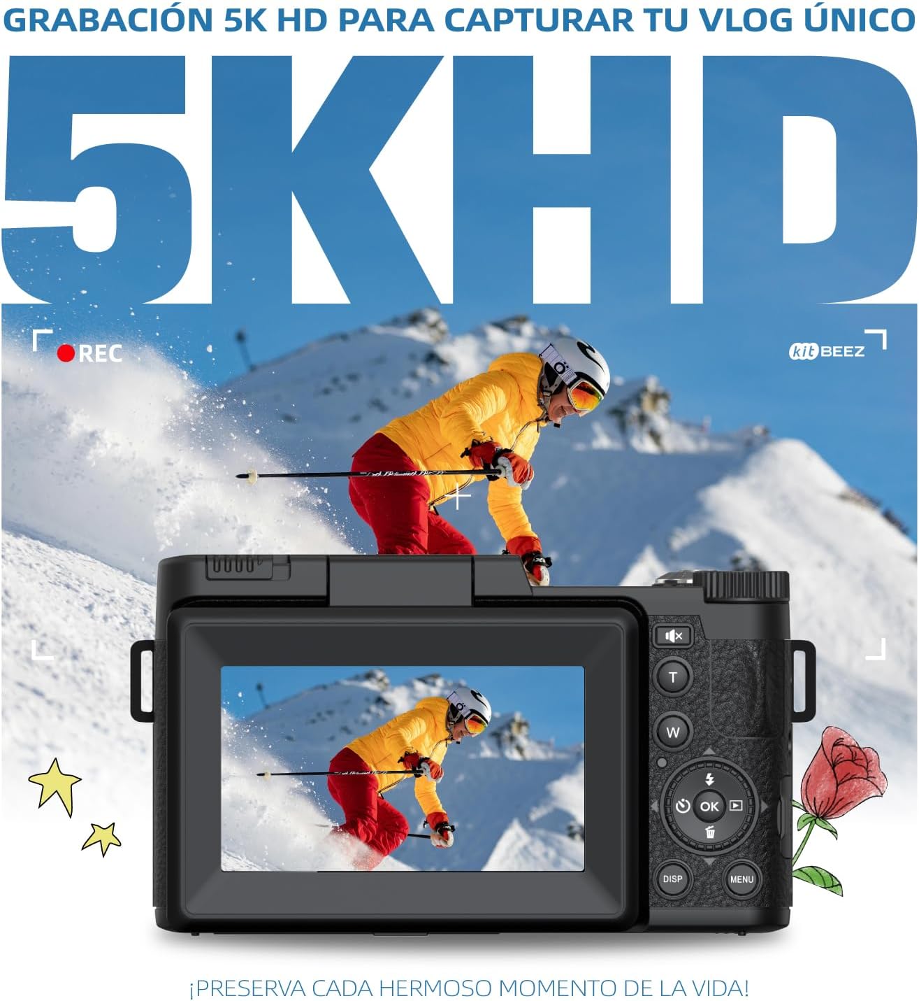 Cámara Digital 5K, Cámara de Vlogging Vintage 5K UHD con Zoom de 18X, 3'' 180°Flip Pantalla, Flash Retráctil, Cámara Portátil de Viajes con Tarjeta 32GB SD (Negro)