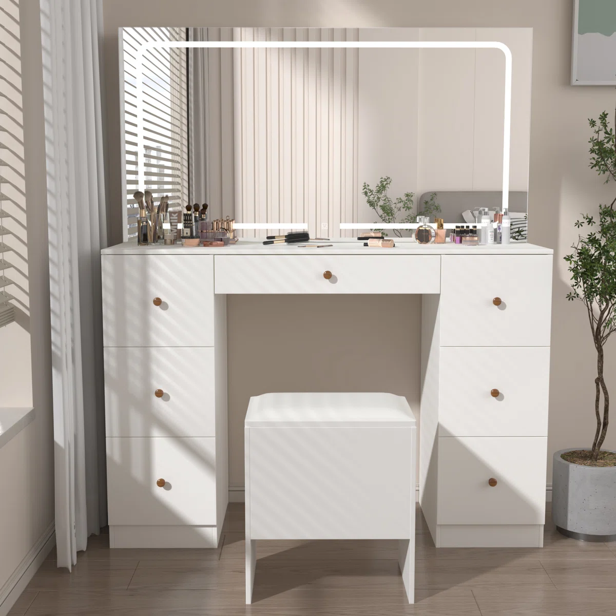 Erommy Tocador Moderno con Taburete, Puerto USB y Enchufe, Gran Tocador con Espejo Iluminado LED y Estación de Carga, Tocador de 7 Cajones con Taburete Acolchado, Blanco