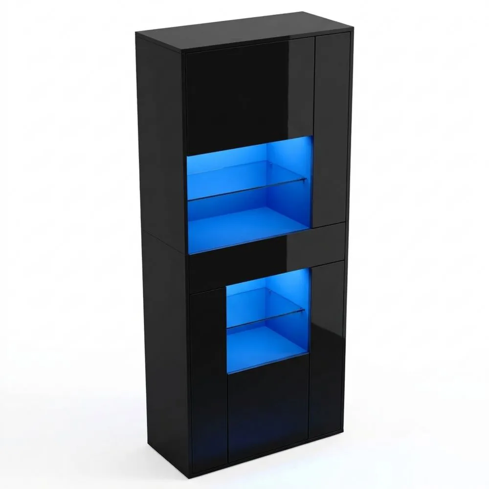Vitrina Alta con Iluminación LED y Estantes de Vidrio para Sala u Oficina, Color Negro Brillante, 170 cm