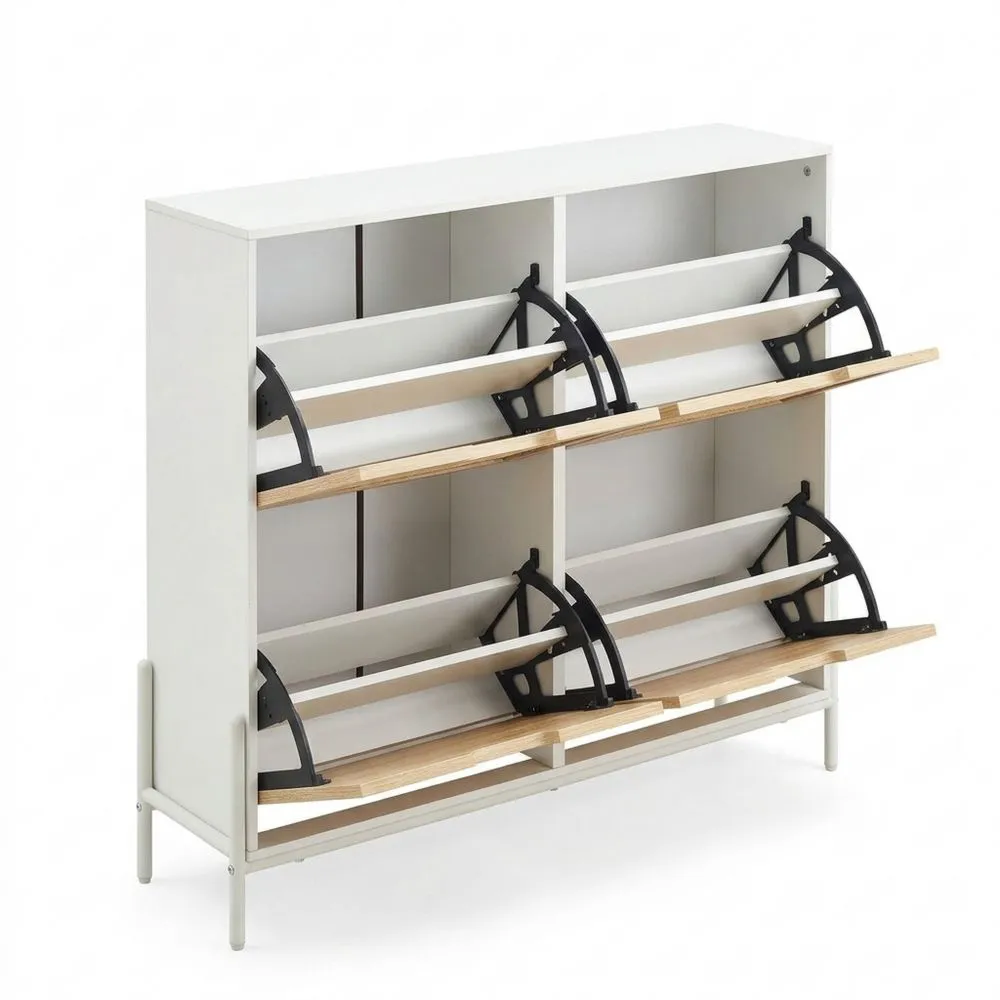 Zapatero Estrecho con 4 Puertas y 8 Estantes, Patas de Metal, 100 x 24 x 88 cm, Blanco y Roble