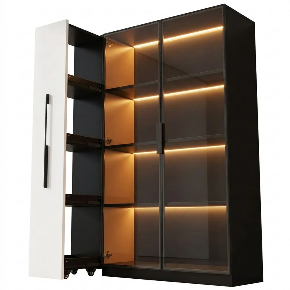 Vitrina moderna con iluminación LED, cajones extraíbles y ruedas, para salón o comedor, 110,5 x 35 x 160 cm, blanco y negro