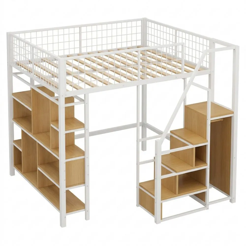 Cama Alta Metálica Multifuncional 140 x 200 cm con Almacenamiento, Estantes y Escalera para Adultos (Blanco)