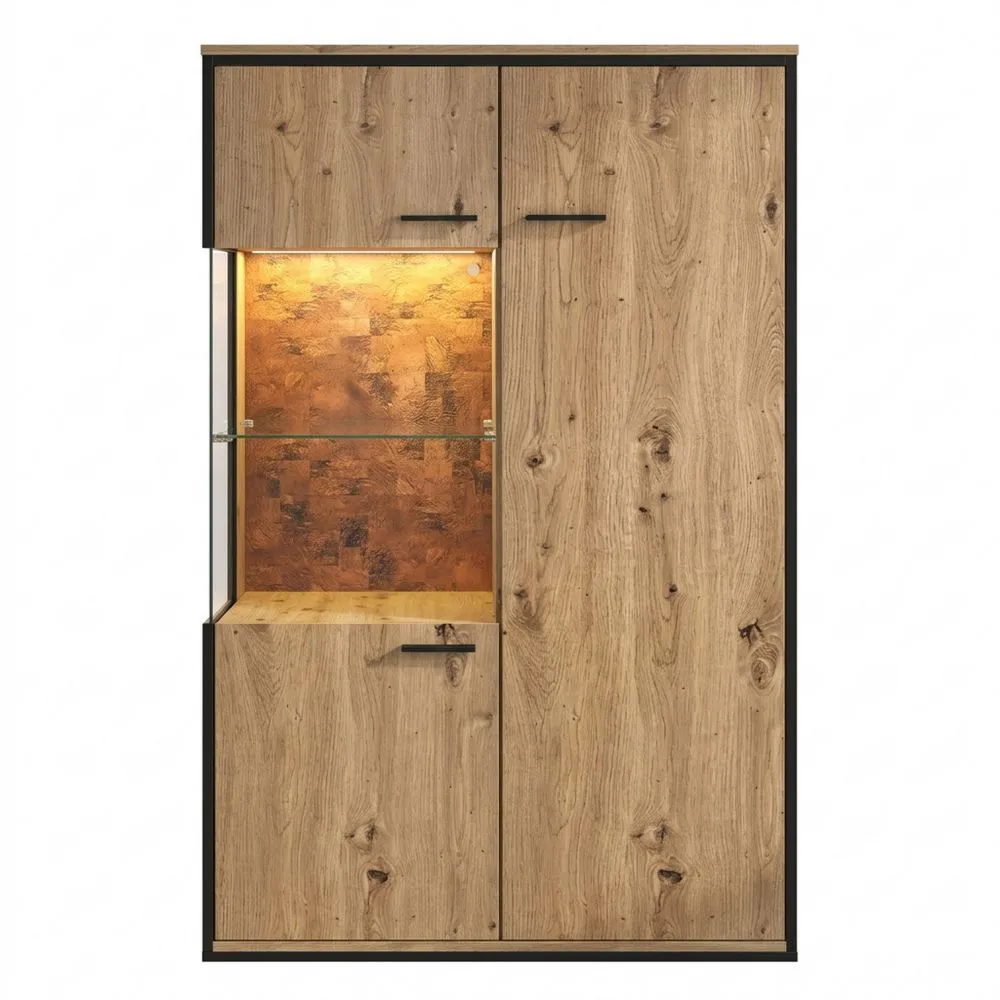 Vitrina con Iluminación LED y Estante de Vidrio - 78x40x150 cm, Aparador de 3 Puertas en Madera Natural