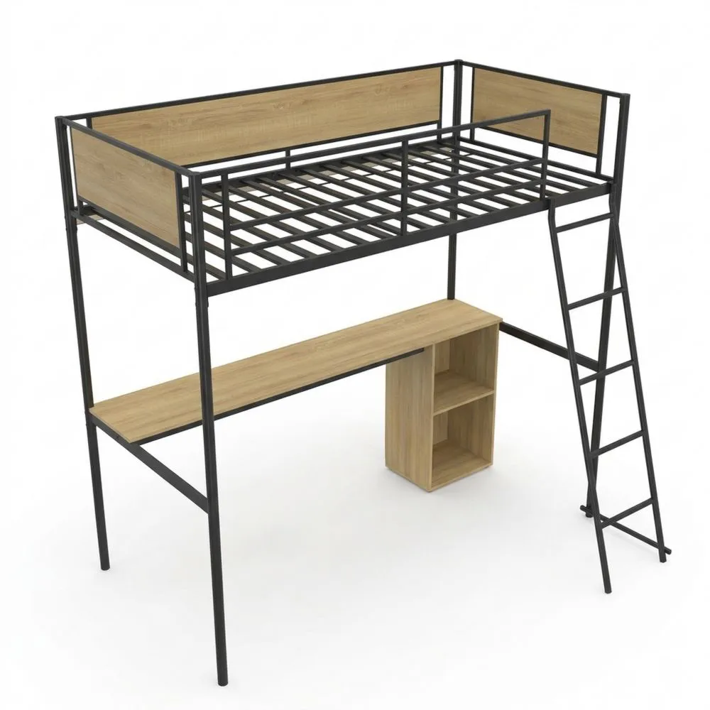 Cama Alta con Escritorio y Almacenamiento de Diseño Industrial 90 x 190 cm
