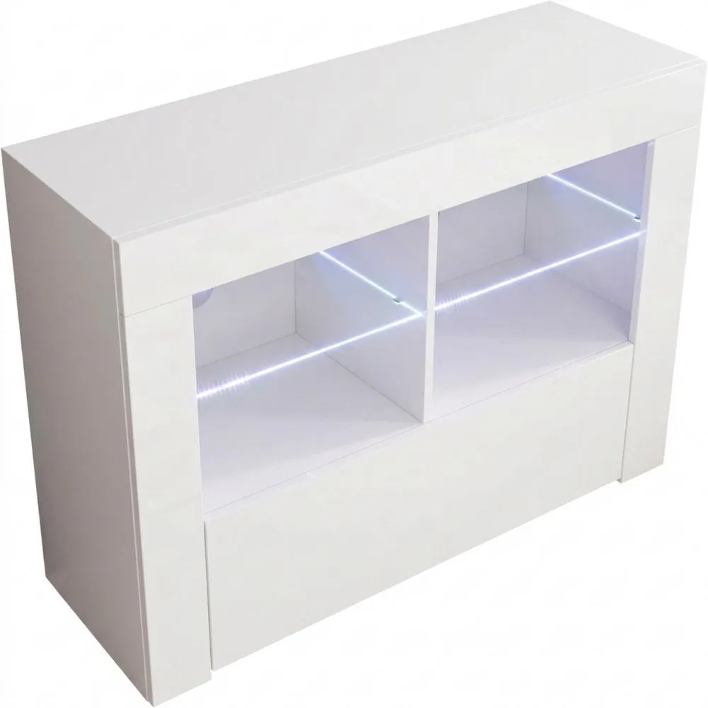 Mueble de TV con Luz LED para Sala de Estar, Puerta Abatible, Acabado Brillante, Blanco, 100 x 65 x 35 cm